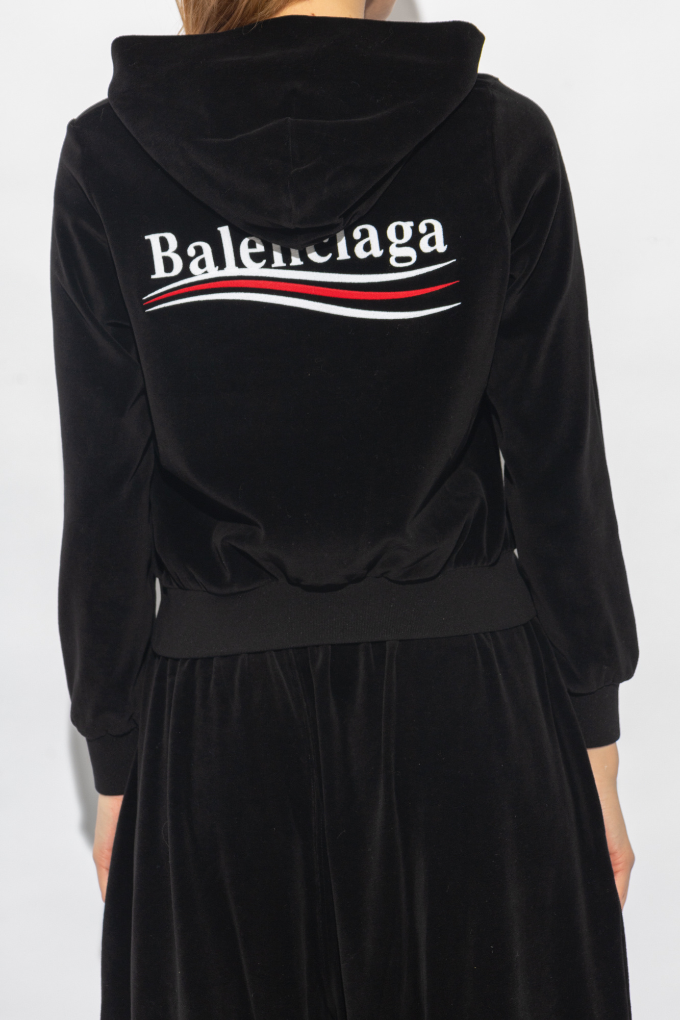 Balenciaga red store and black hoodie